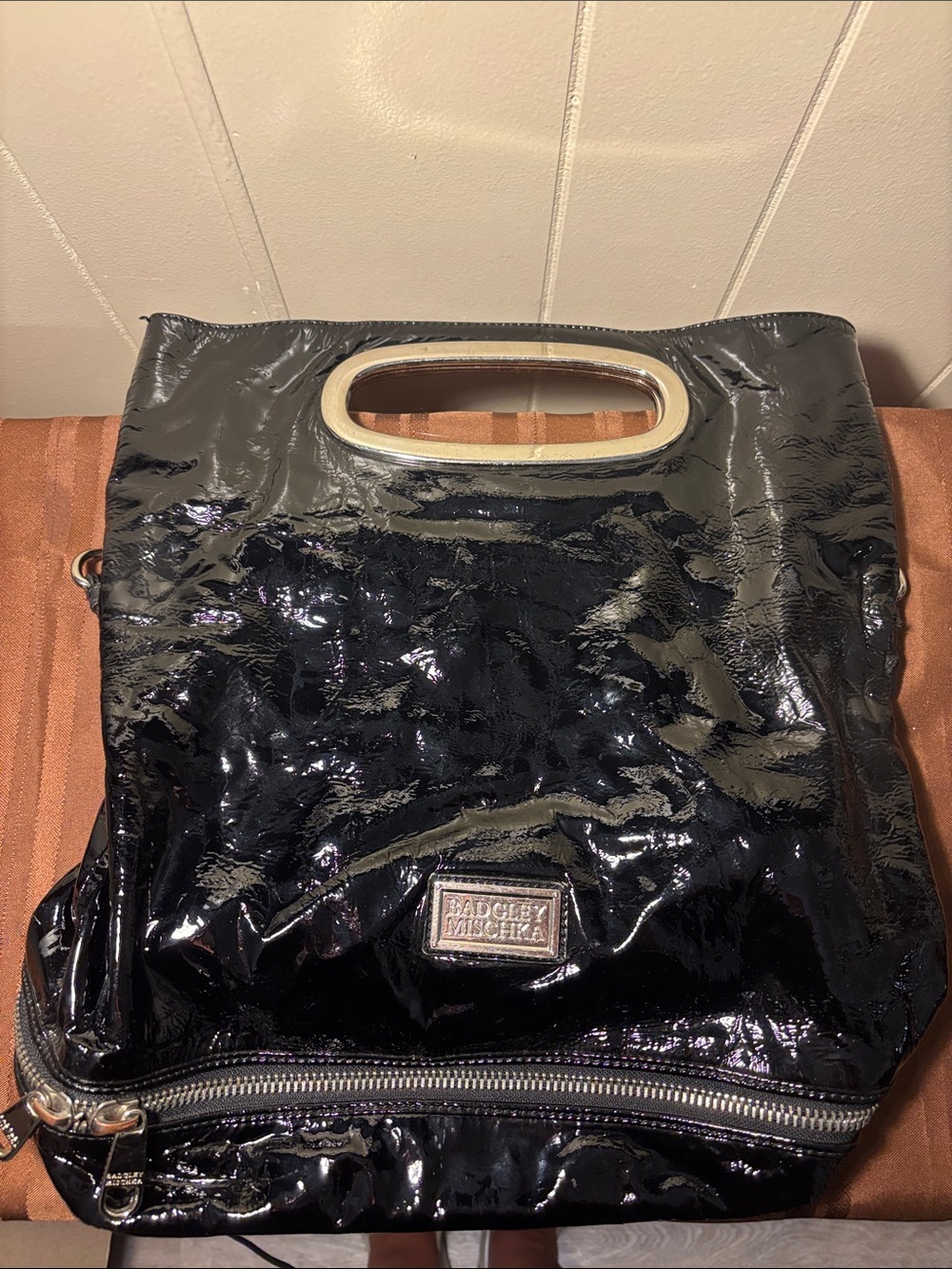 Badgley Mischka Black Crinkled Patent Leather 2Way Foldover Clutch Tote w/ Strap